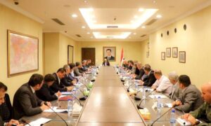 Syrian regime’s interior minister, Mohammad al-Rahmoun, during his meeting with officers and heads of security branches in his ministry - May 25, 2024 (Interior Ministry/Facebook)