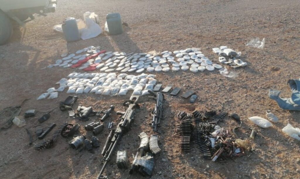 Drug materials seized by Jordanian authorities after a clash with a smuggler in Rweished brigade – June 29, 2024 (Al-Mamlaka TV channel)