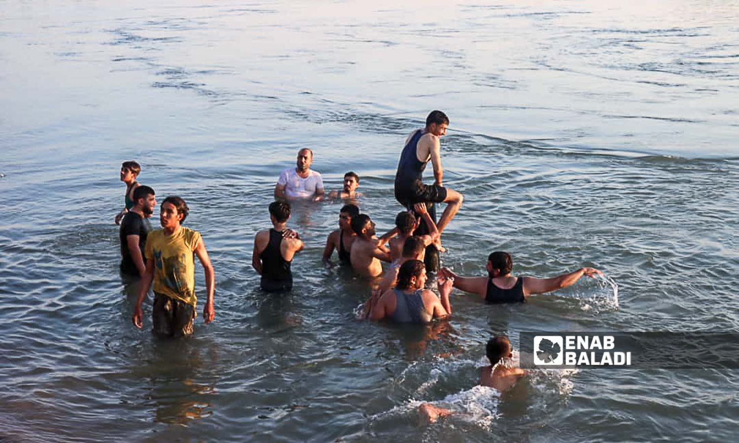 Young men in the Euphrates River in the countryside of Deir Ezzor, eastern Syria - July 20, 2024 (Enab Baladi/Obadah al-Sheikh)
