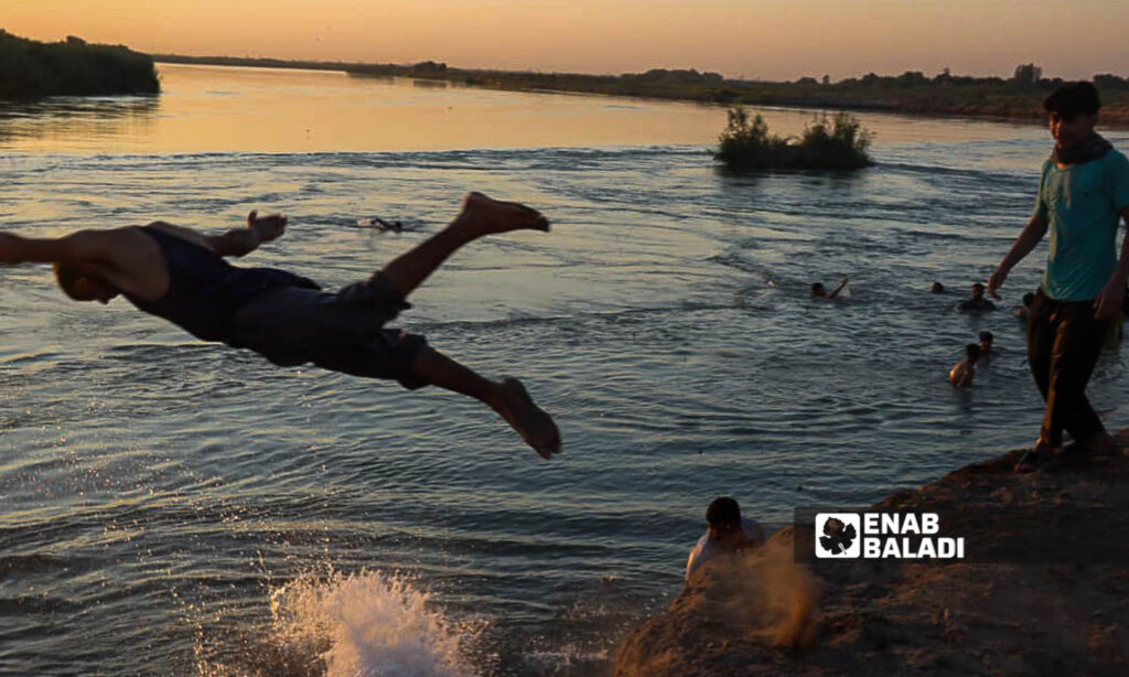 Young men swim in the Euphrates River in the countryside of Deir Ezzor, eastern Syria - July 20, 2024 (Enab Baladi/Obadah al-Sheikh)