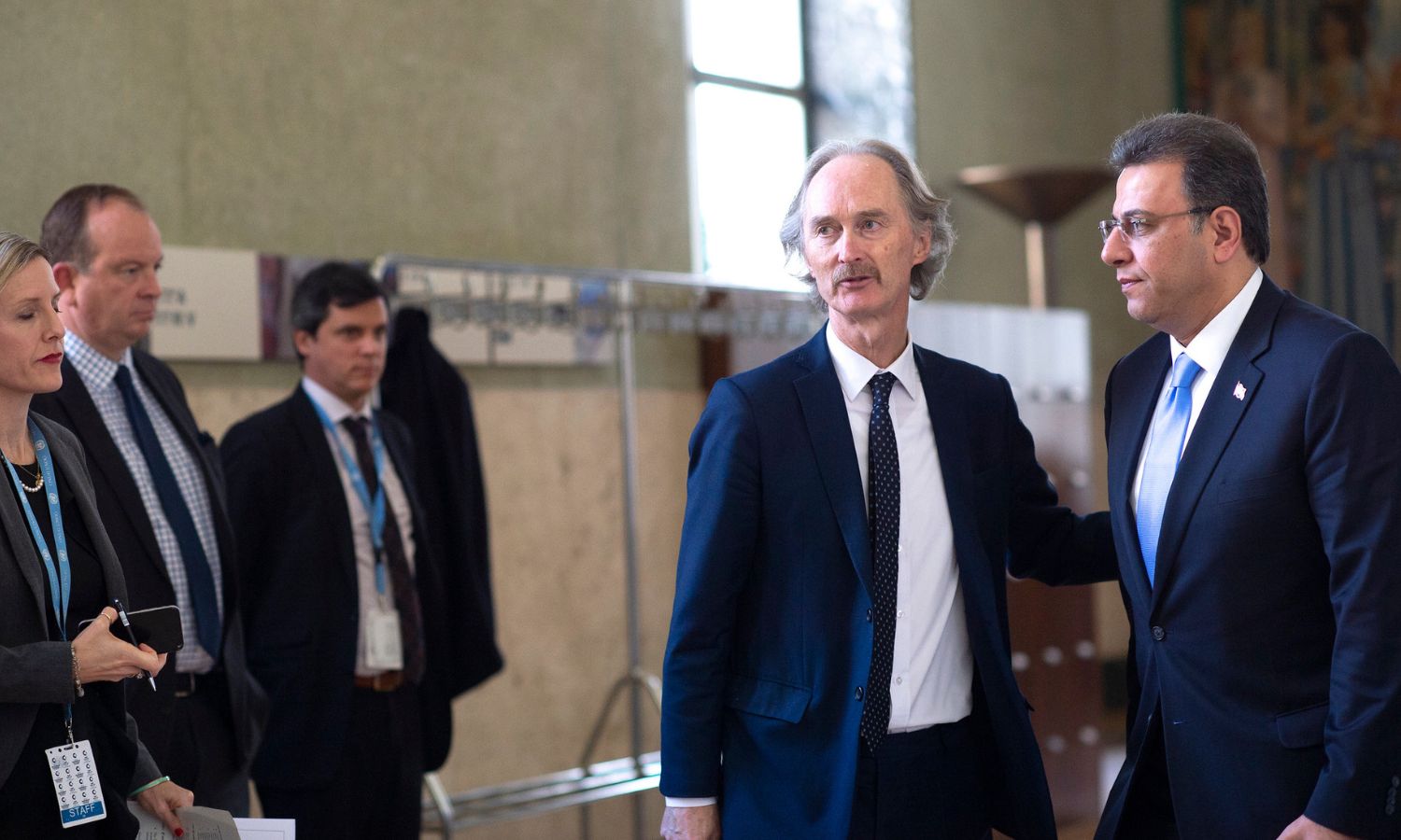 UN Special Envoy for Syria Geir Pedersen and the co-chair for the regime delegation Ahmad Kuzbari after the first meeting of the Syrian Constitutional Committee in Geneva - November 8, 2019 (United Nations/Violaine Martin)