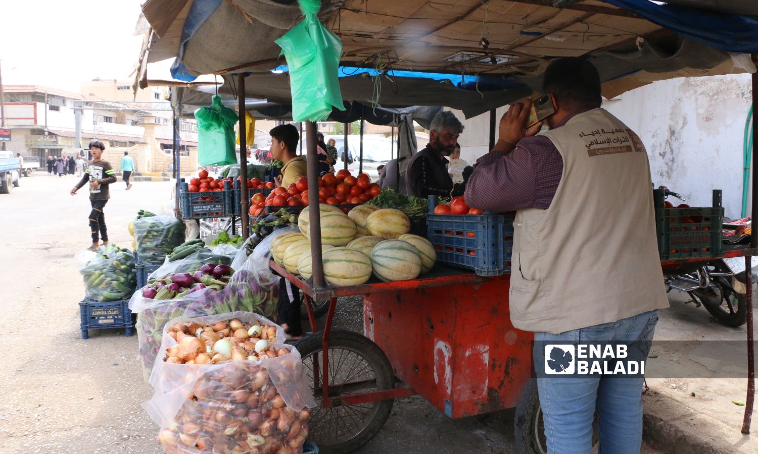 A cart selling low-priced summer vegetables in Ras al-Ain - July 9, 2024 (Enab Baladi)