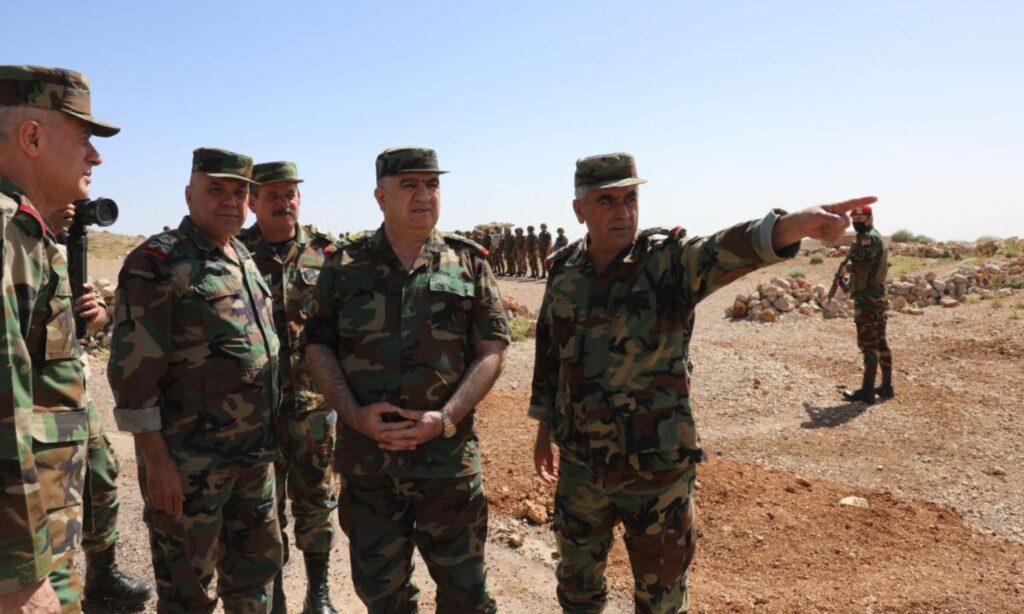 Second from the right: Minister of Defense in the regime's government, General Ali Mahmoud Abbas, during his visit to a regime army unit in the southern region - June 16, 2024 (Ministry of Defense/Facebook)