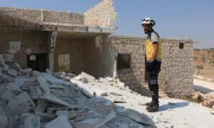 A Syria Civil Defence member inspects a house in the Idlib countryside after it was targeted by a suicide drone originating from regime forces - July 24, 2024 (Syria Civil Defence/Facebook)