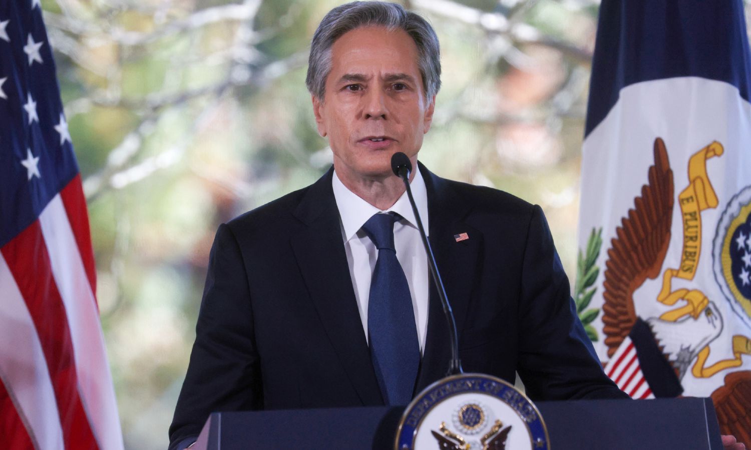 US Secretary of State Antony Blinken at the Foreign Service Institute at the US Department of State in Arlington, Virginia – October 27, 2021 (AP)