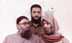 (Right) Head of the Supreme Fatwa Council in Idlib, Abdul Rahim Atoun, the leader of Hayat Tahrir al-Sham (HTS), Abu Mohammad al-Jolani, and member of the Fatwa Council, Mazhar al-Wais (Modified by Enab Baladi)
