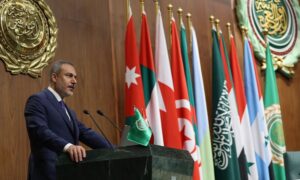 Turkish Foreign Minister Hakan Fidan gives a speech during the Arab League foreign ministers' meeting in Cairo, September 10, 2024 (Aydinlik)