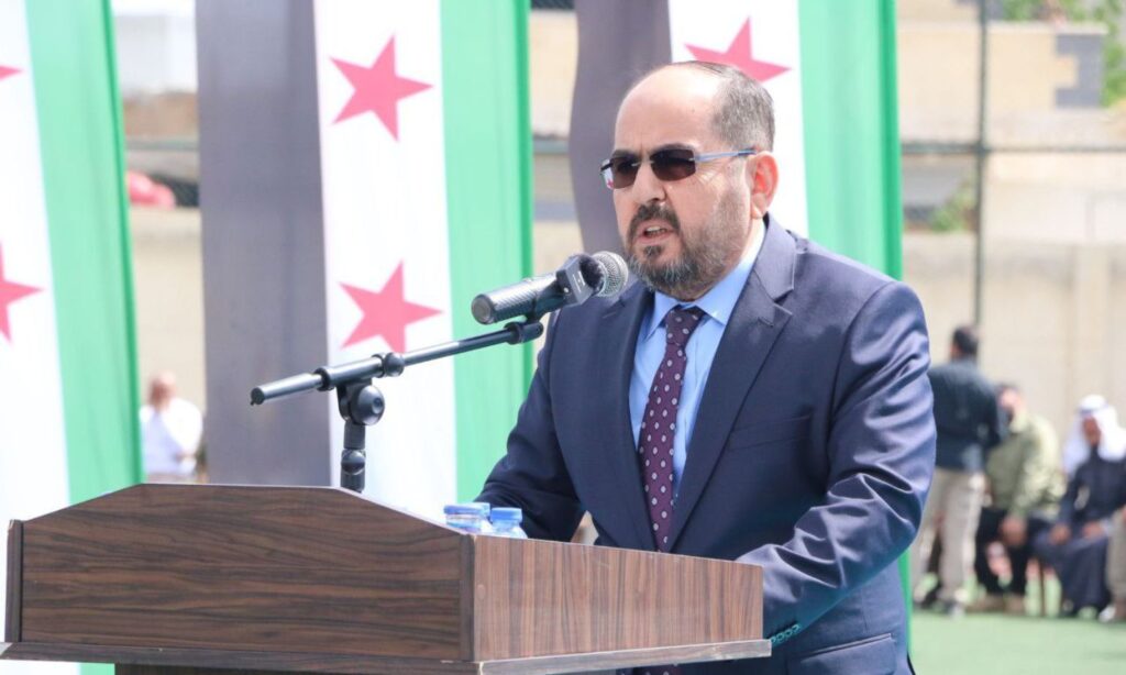 Head of the Syrian Interim Government Abdurrahman Mustafa during a conference in the Aleppo countryside to reject normalization with the regime - May 1, 2023 (Abdurrahman Mustafa/Twitter)