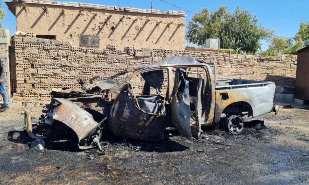 Debris from a car targeted in Umm al-Fursan prison east of Qamishli, northern al-Hasakah province – September 3, 2024 (Hawar news agency)