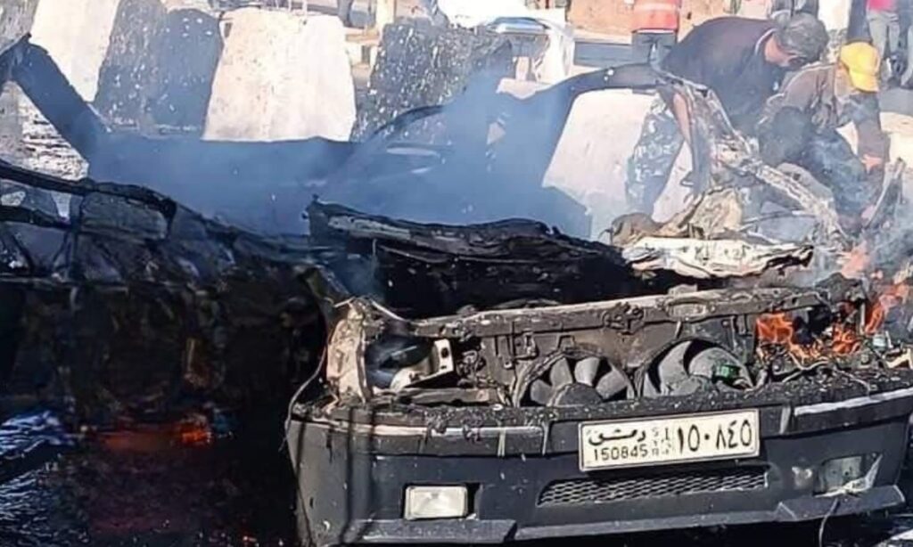 A car targeted by an Israeli plane near the town of Khan Arnabeh in Quneitra governorate, southern Syria - September 12, 2024 (Quneitra/Facebook)