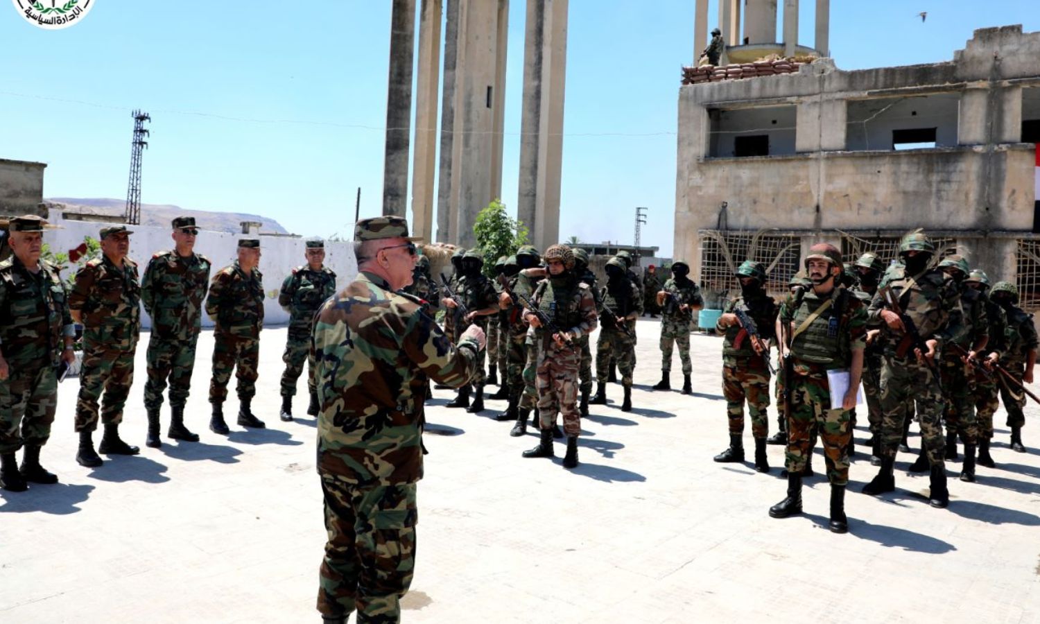 Chief of the General Staff of the Syrian regime army, Abdul Karim Mahmoud Ibrahim, with a group of regime forces personnel - June 17, 2024 (Syrian Ministry of Defense)