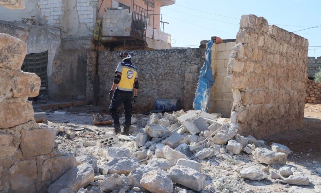 The Syria Civil Defence inspects the town of Kafriya after it was bombed by regime forces and Lebanese Hezbollah - September 24, 2024 (Syria Civil Defence)