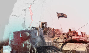 Israeli bulldozers and soldiers on the border between Syria and the occupied Golan (Modified by Enab Baladi)
