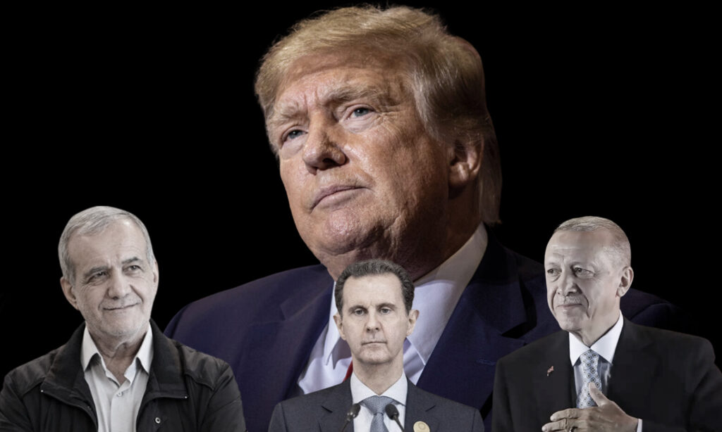 The newly elected US president, Donald Trump, alongside Syrian regime leader Bashar al-Assad, Turkish President Recep Tayyip Erdoğan, and Iranian President Masoud Bezhkian (Modified by Enab Baladi)