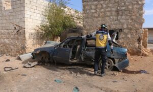 The Syria Civil Defence inspects the site of a bombing by a guided suicide drone in the town of Taqad, Aleppo countryside - November 11, 2024 (Syria Civil Defence)