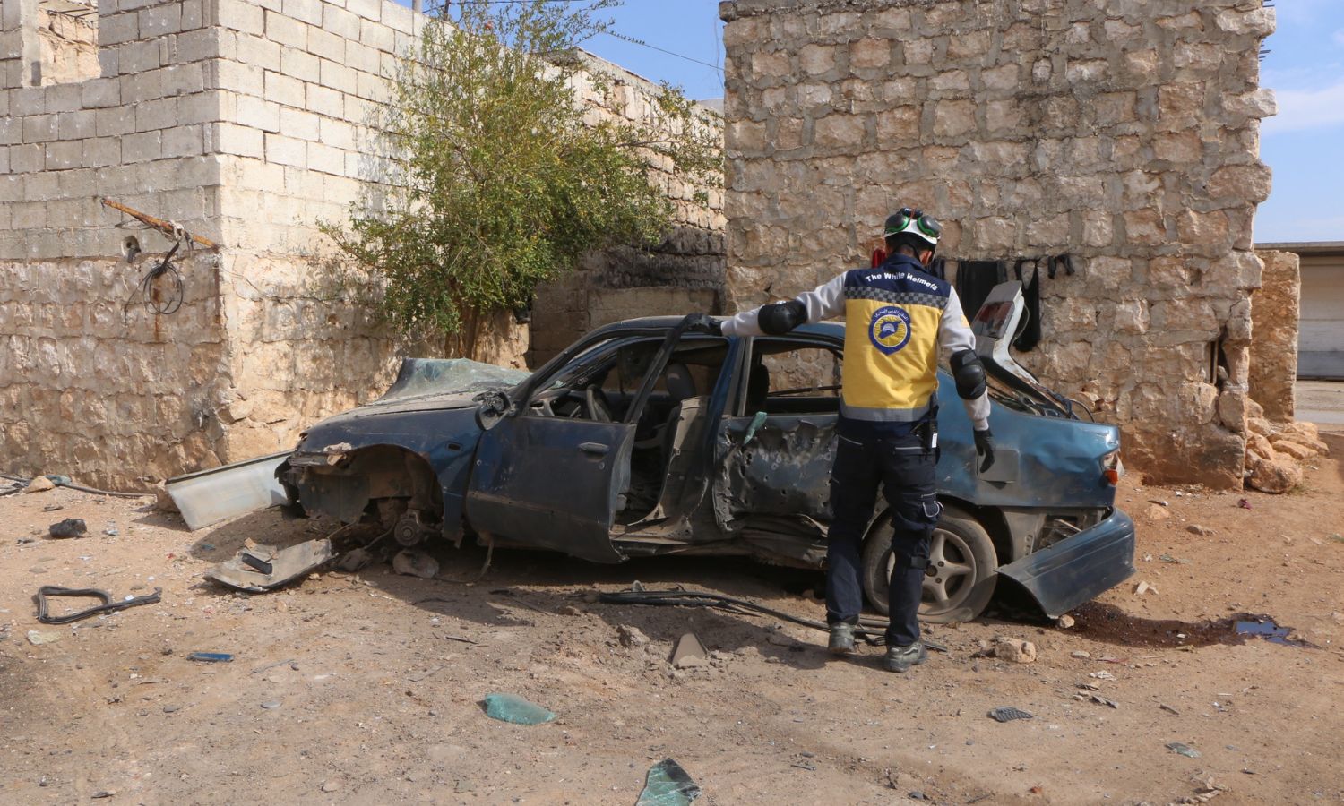 The Syria Civil Defence inspects the site of a bombing by a guided suicide drone in the town of Taqad, Aleppo countryside - November 11, 2024 (Syria Civil Defence)