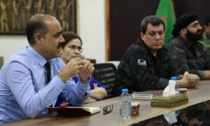 From the right, Commander of the Syrian Democratic Forces (SDF) Mazloum Abdi, alongside Ilham Ahmed, the co-chair of the Directorate of Foreign Relations in the Autonomous Administration, and on the left, the co-chair of the Autonomous Administration, Hussein Othman - May 10, 2024 (Autonomous Administration)