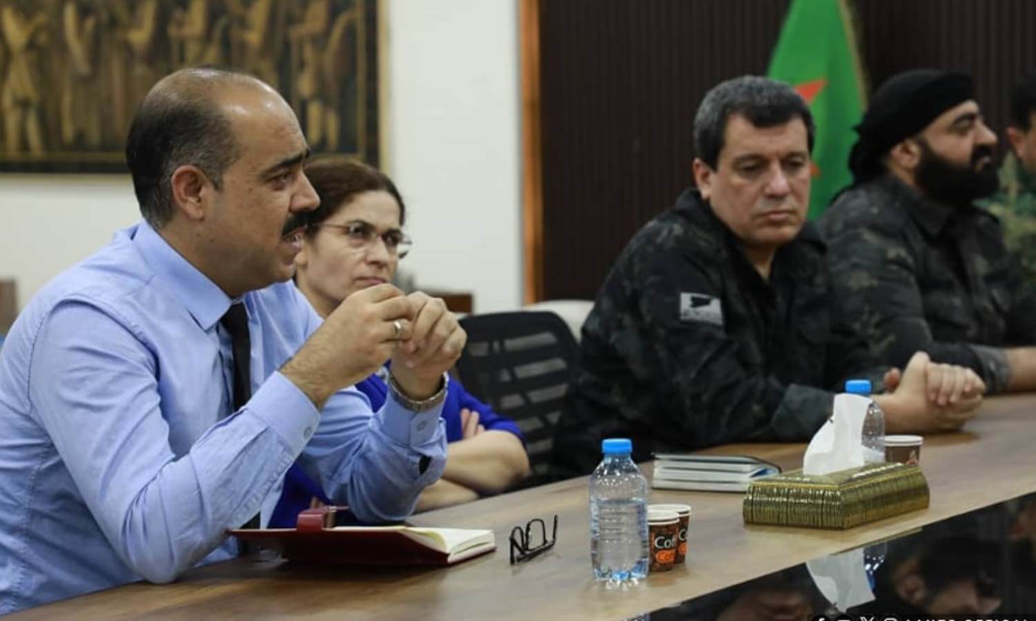 From the right, Commander of the Syrian Democratic Forces (SDF) Mazloum Abdi, alongside Ilham Ahmed, the co-chair of the Directorate of Foreign Relations in the Autonomous Administration, and on the left, the co-chair of the Autonomous Administration, Hussein Othman - May 10, 2024 (Autonomous Administration)
