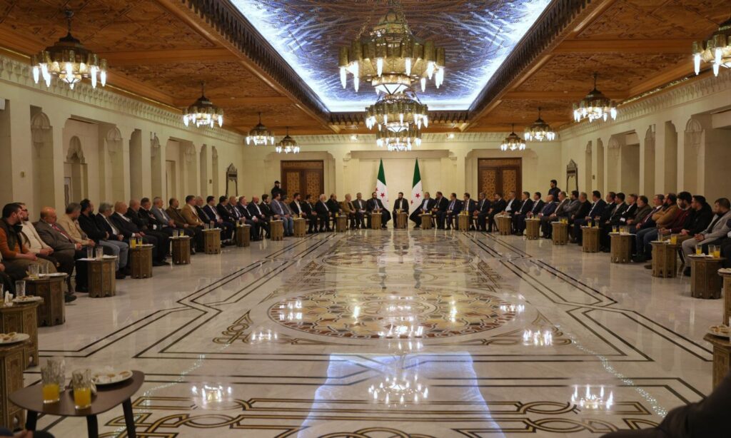 Leader of Syria’s new administration Ahmed al-Sharaa meets with businessmen and industrialists from the cities of Aleppo and Idlib in the presence of the interim Minister of Economy - December 28, 2024 (General Command)