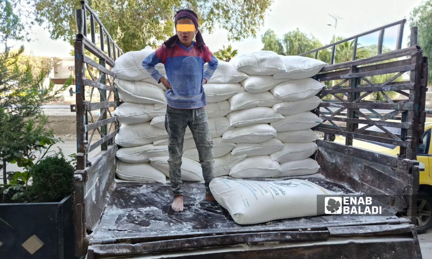 A child working by loading flour into one of the bakeries in the city of Daraa - December 10, 2024 (Enab Baladi/Halim Muhammad)