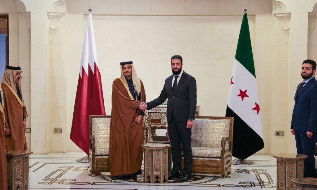 The head of the new Syrian administration, Ahmed al-Sharaa, meets with the Qatari Prime Minister and Minister of Foreign Affairs, Mohammed bin Abdulrahman, in Damascus - January 16, 2025 (General Command/Telegram)