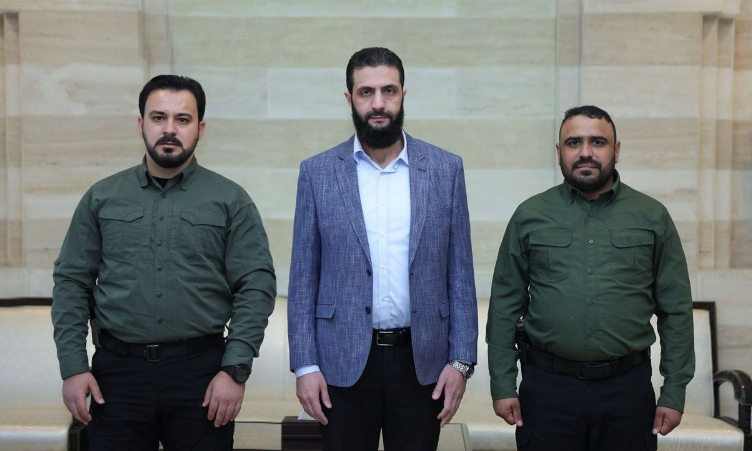 (Right) Military leader Mohammed al-Jassem (Abu Amsha), Syrian transitional government president Ahmed al-Sharaa, and leader Saif Bolad (Left) - December 16, 2024 (Mohammed al-Jassem/X)