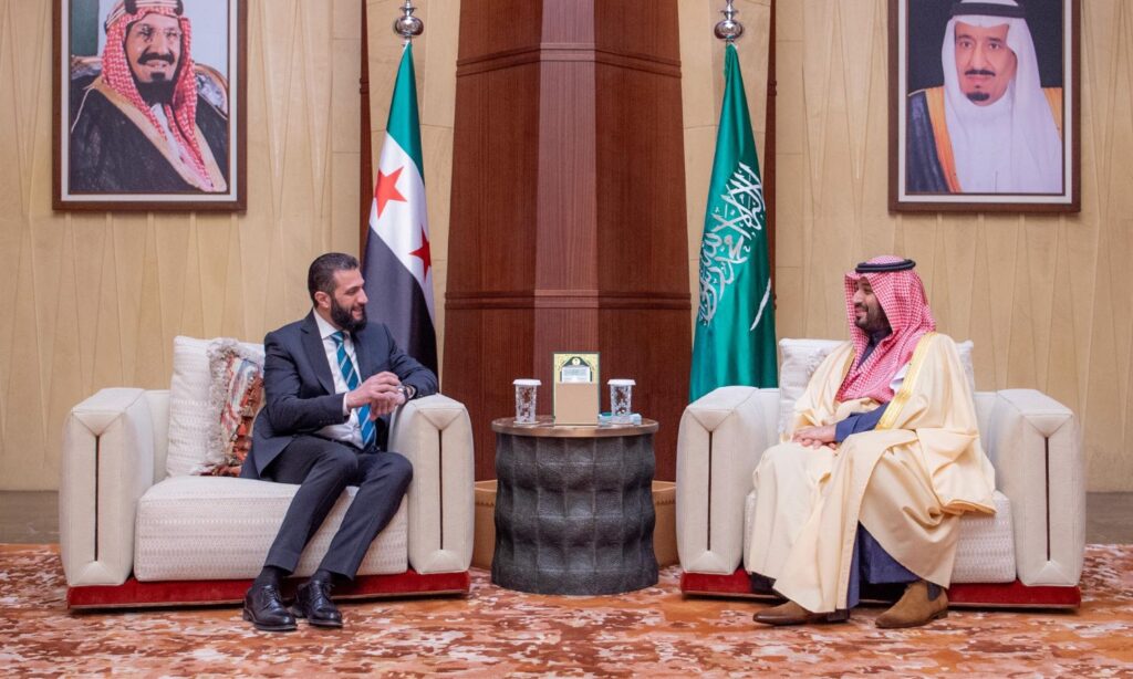 Saudi Crown Prince Mohammed bin Salman during his meeting with transitional Syrian President Ahmed al-Sharaa in the Saudi capital - February 2, 2025 (Alekhbariya TV)