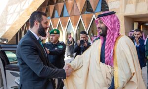 Saudi Crown Prince Mohammed bin Salman during his reception of the transitional Syrian president, Ahmed al-Sharaa, in the Saudi capital - February 2, 2025 (Alekhbariya TV)