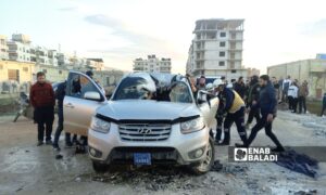 A drone strike targets an individual whose identity remains unknown in the town of al-Dana in Idlib countryside, northern Syria - February 21, 2025 (Enab Baladi/Mohamed Masto)