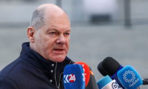 German Chancellor Olaf Scholz speaks to the media on the day of an informal summit of EU leaders at the Egmont Palace in Brussels - February 3, 2025 (Reuters/Eve Herman)