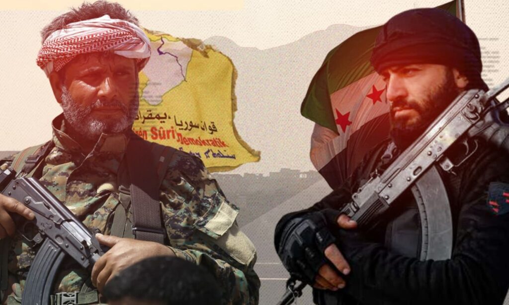 A fighter from the Syrian Democratic Forces (SDF) and a fighter from the Military Operations Administration (Modified by Enab Baladi)