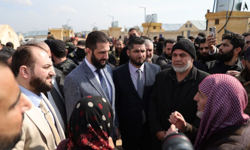 Syrian transitional president Ahmed al-Sharaa visits Idlib displacement camps - February 15, 2025 (Syrian Presidency/X)