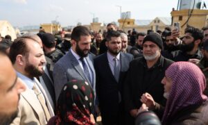 Syrian transitional president Ahmed al-Sharaa visits Idlib displacement camps - February 15, 2025 (Syrian Presidency/X)
