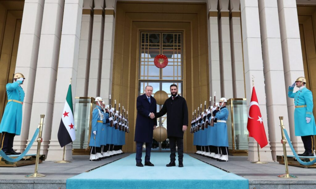 Turkish President Recep Tayyip Erdoğan receives Syrian President during the transitional phase, Ahemd al-Sharaa, during his visit to the Turkish capital Ankara - February 4, 2025 (Anadolu Agency)