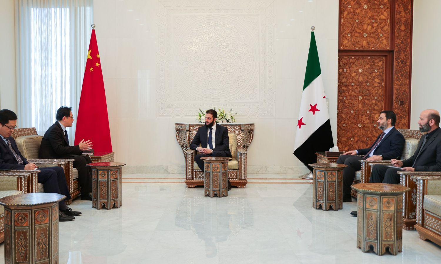 The Syrian transitional president, Ahmed al-Sharaa, receives the Chinese Ambassador in Damascus, Shi Hongwei - February 21, 2025 (Syrian Presidency)