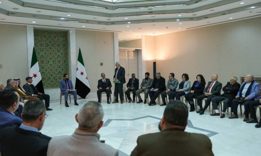 From a meeting that took place between Syrian President Ahmed al-Sharaa and the Governor of As-Suwayda, Dr. Mustafa al-Bakour, along with several activists from As-Suwayda, at the People's Palace in Damascus - March 11, 2025 (SANA)