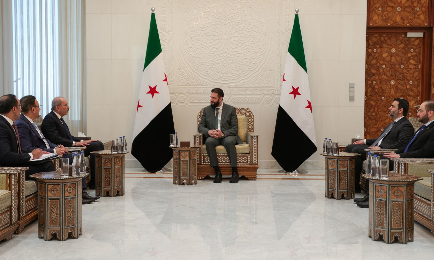 Syrian transitional president, Ahmed al-Sharaa, holds talks with Jordanian Foreign Minister Ayman al-Safadi in Damascus - April 17, 2025 (Syrian Presidency)