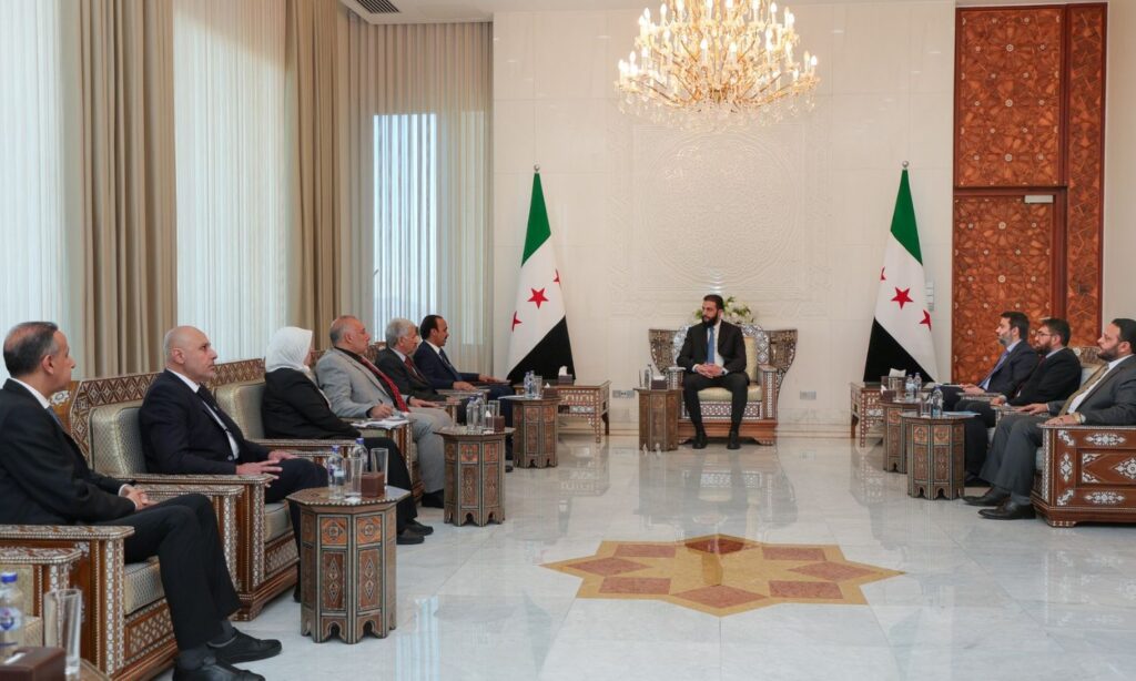 The Syrian transitional president, Ahmed al-Sharaa, meets with members of the fact-finding committee regarding the coastal events in Syria - April 10, 2025 (SANA)