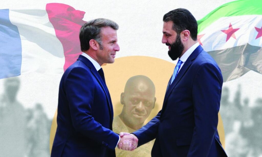 The Syrian transitional president Ahmed al-Sharaa and his French counterpart Emmanuel Macron, along with the French fighter Omar Omsen (Modified by Enab Baladi)