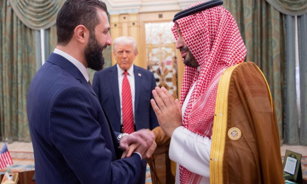 Syrian transitional President Ahmed al-Sharaa, US President Donald Trump, and Saudi Crown Prince Mohammed bin Salman in Riyadh - May 14, 2025 (Syrian Presidency)