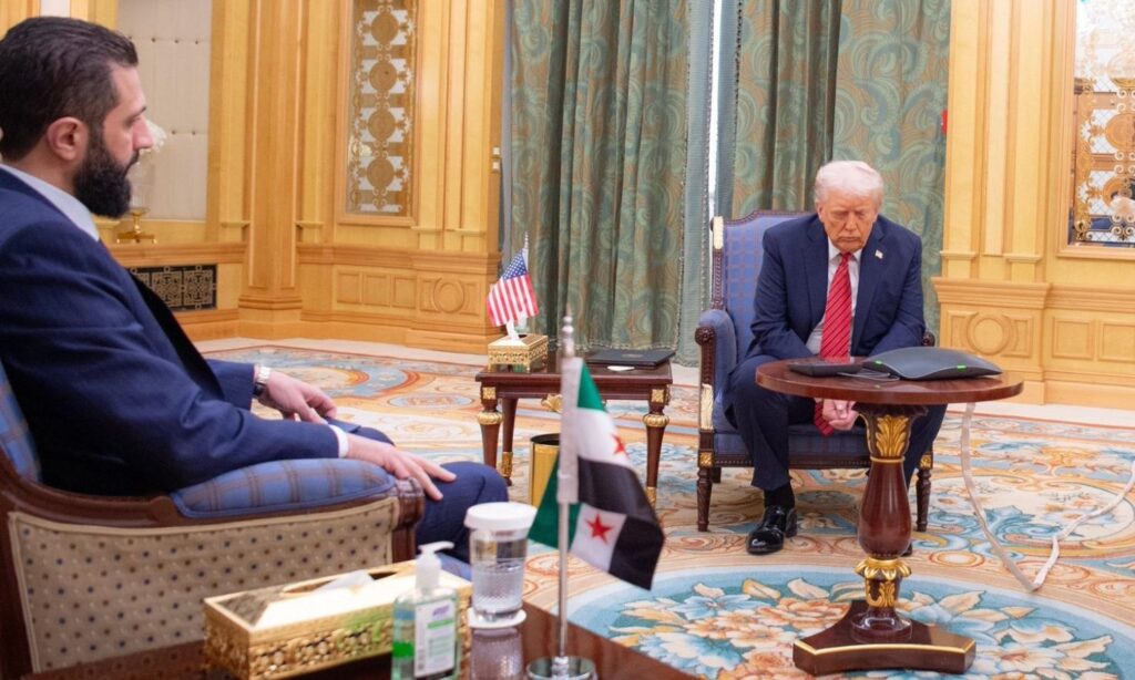 Syrian Transitional President Ahmed al-Sharaa and his American counterpart Donald Trump in Riyadh - May 14, 2025 (Syrian Presidency)