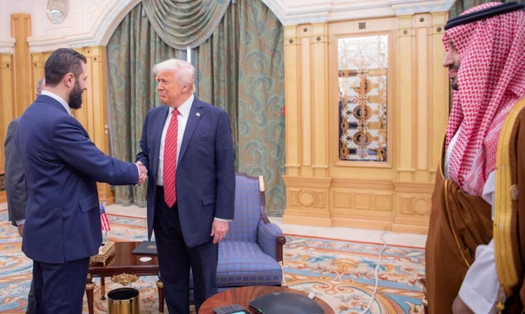 The US President Donald Trump meets with Syrian President Ahmed al-Sharaa in Riyadh, Saudi Arabia - May 14, 2025 (Saudi Press Agency)