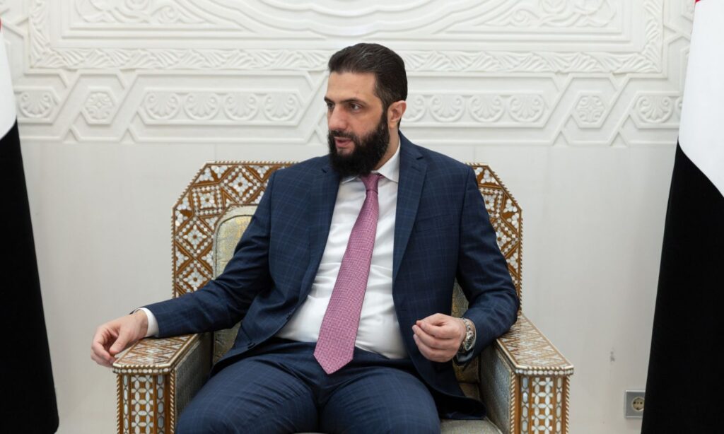Syrian Transitional President Ahmed al-Sharaa during a meeting at the People's Palace - April 22, 2025 (Syrian Presidency/Telegram)