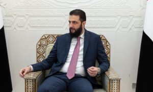 Syrian Transitional President Ahmed al-Sharaa during a meeting at the People's Palace - April 22, 2025 (Syrian Presidency/Telegram)