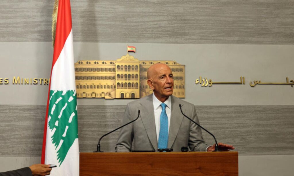 U.S. Special Envoy to Syria Thomas Barrack holds a press conference following his meeting with the Lebanese Prime Minister at the Grand Serail in Baabda, July 21, 2025 – AFP