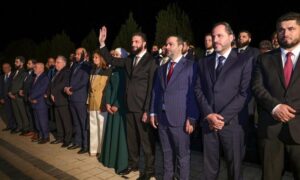 Syrian interim president Ahmad al-Sharaa alongside several ministers during the unveiling ceremony of the new visual identity – July 3, 2025 (Presidency of the Republic).