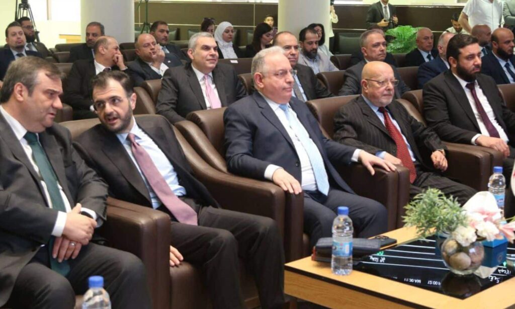 Ministers of Economy, Finance, and Telecommunications with the Governor of the Central Bank of Syria during the reopening of the “Damascus Securities Exchange” – 2 June 2025 (Ministry of Finance)