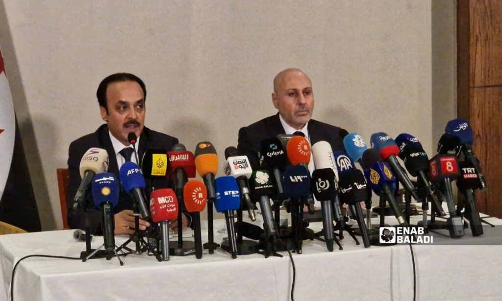 The Fact-Finding Committee on the events in Syria’s coastal region presents the results of its work during a press conference held in Damascus – July 22, 2025 (Enab Baladi/Anas al-Khouli)