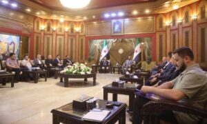Minister of Economy Mohammad Nidal al-Shaar meets with representatives from Aleppo’s Chamber of Commerce and Chamber of Industry to discuss ways to stimulate economic activity in the governorate – August 3, 2025 (Syrian Ministry of Economy and Industry/Facebook)