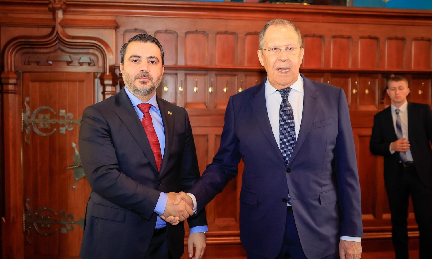 Al-Shibani meets Russian Foreign Minister Sergey Lavrov, in the first official visit by a Syrian official to Moscow since the fall of the Assad regime – 31 July 2025 (SANA Agency)